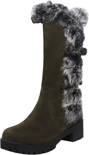 Women's Mid-Calf Winter Platform Hidden Wedge Boots Slip-on Fu Collar Warm aterproof Leather Non-slip Snow Boot
