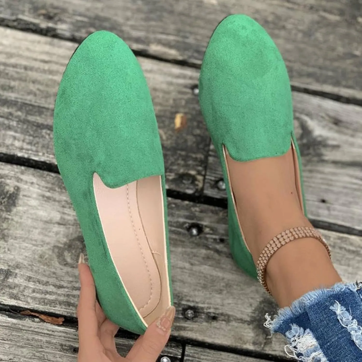 Women's Round Head Suede Flat Shoes Casual One Foot Stirrup Shallow Mouth Flat Shoes Flat Heeled Work Single Shoes
