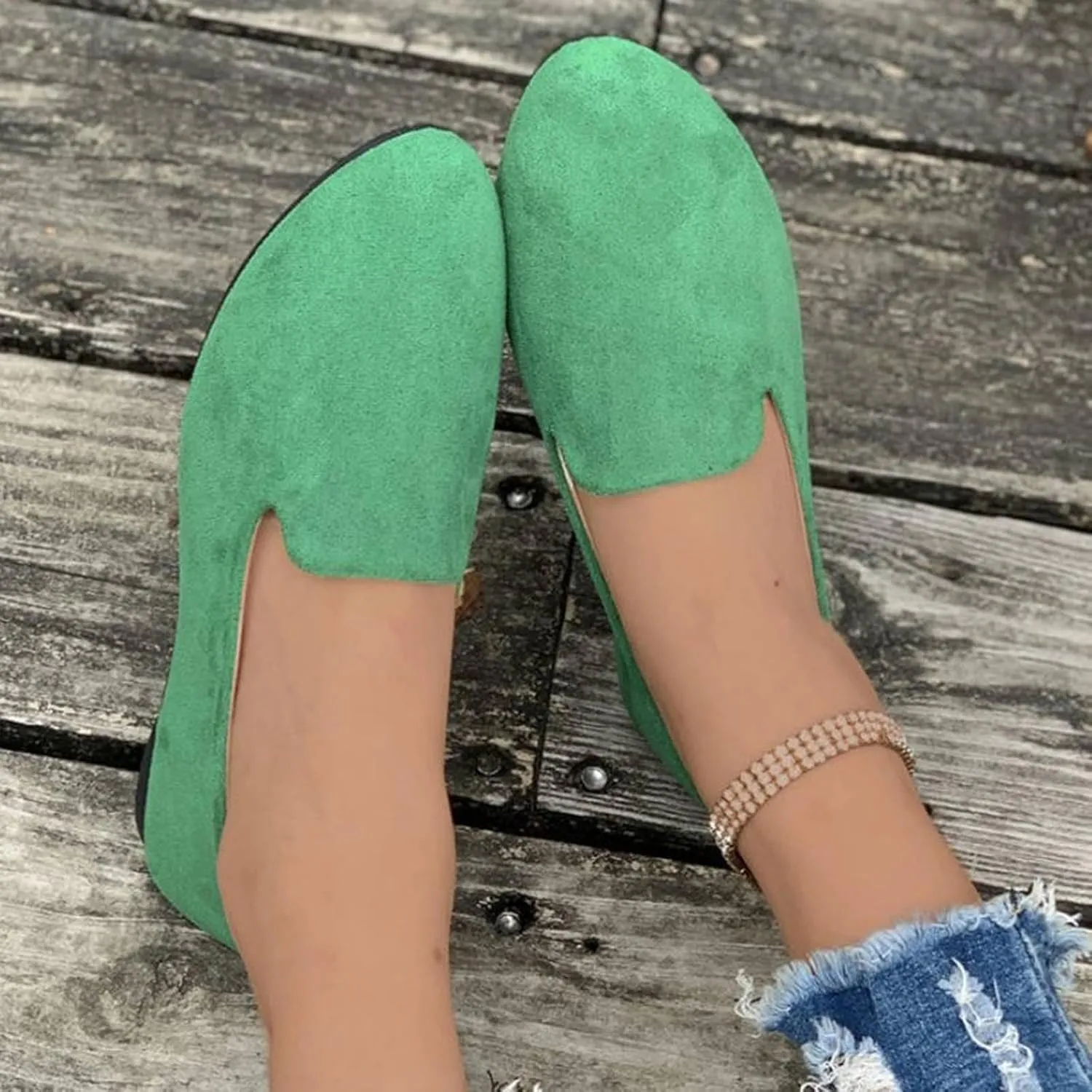 Women's Round Head Suede Flat Shoes Casual One Foot Stirrup Shallow Mouth Flat Shoes Flat Heeled Work Single Shoes