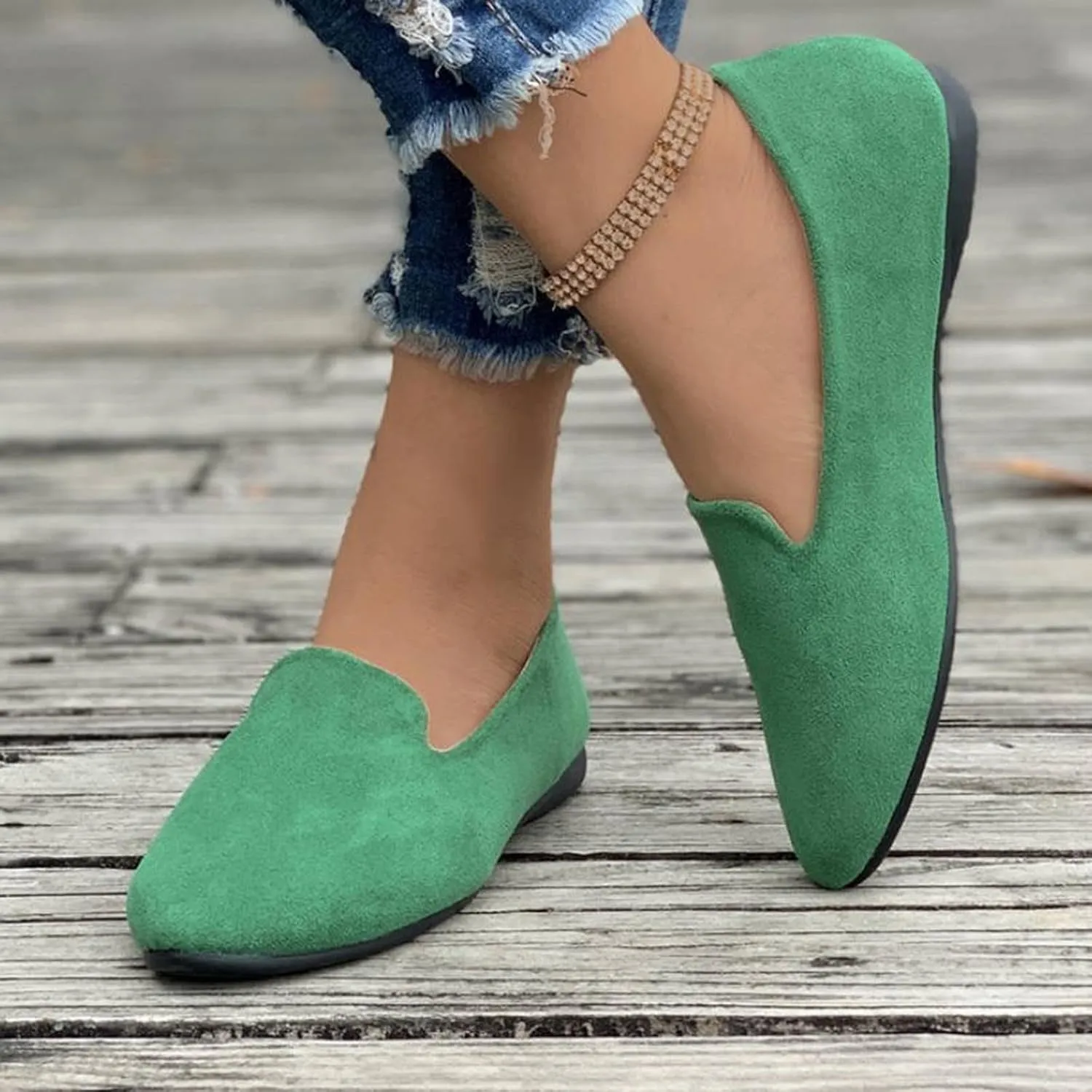 Women's Round Head Suede Flat Shoes Casual One Foot Stirrup Shallow Mouth Flat Shoes Flat Heeled Work Single Shoes