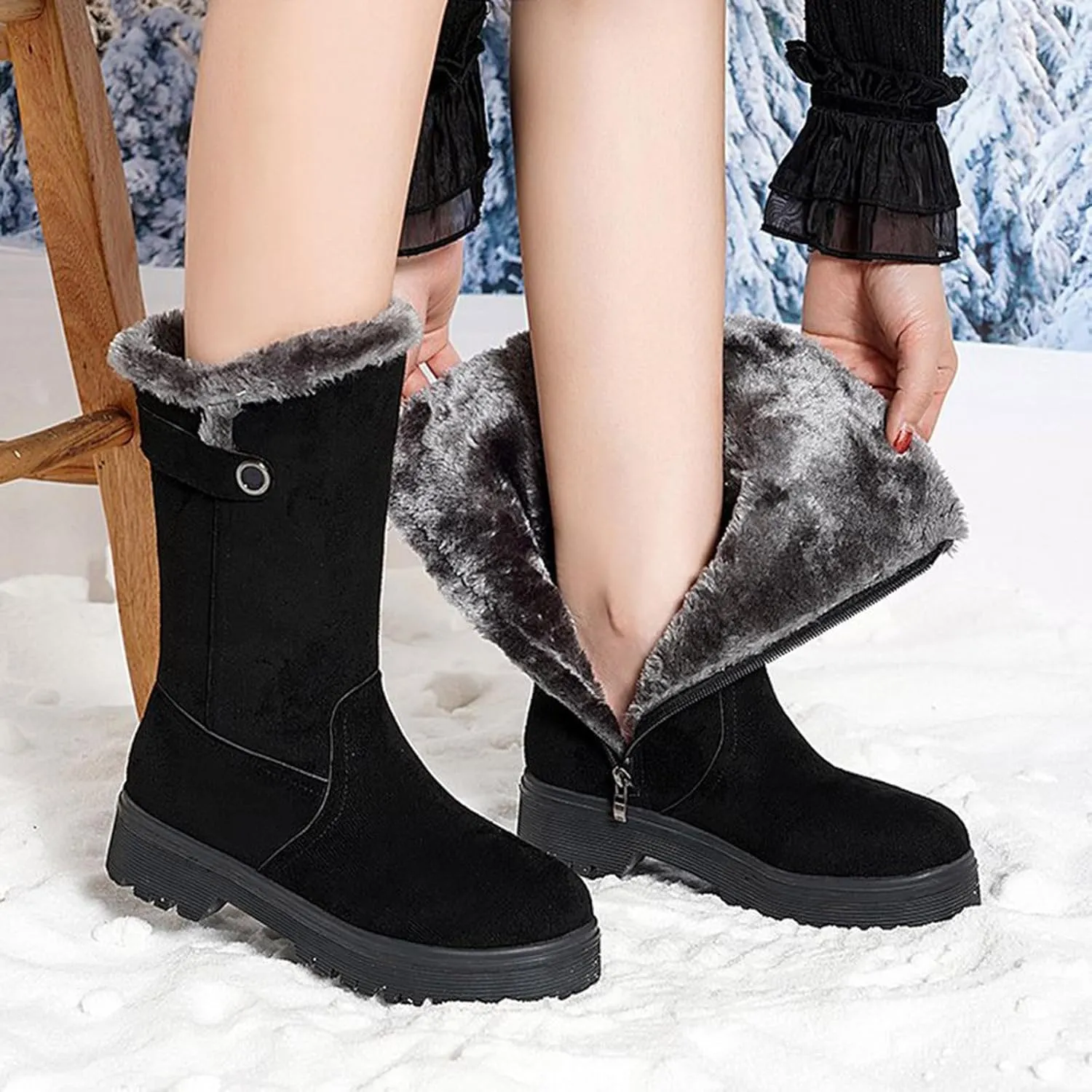 Womens Snow Boots Mid Calf Winter Boots Waterproof Fully Fur Lined Booties Slip on Outdoor Ankle Boots Lace Up Ladies Lightweight Walking Hiking Boots