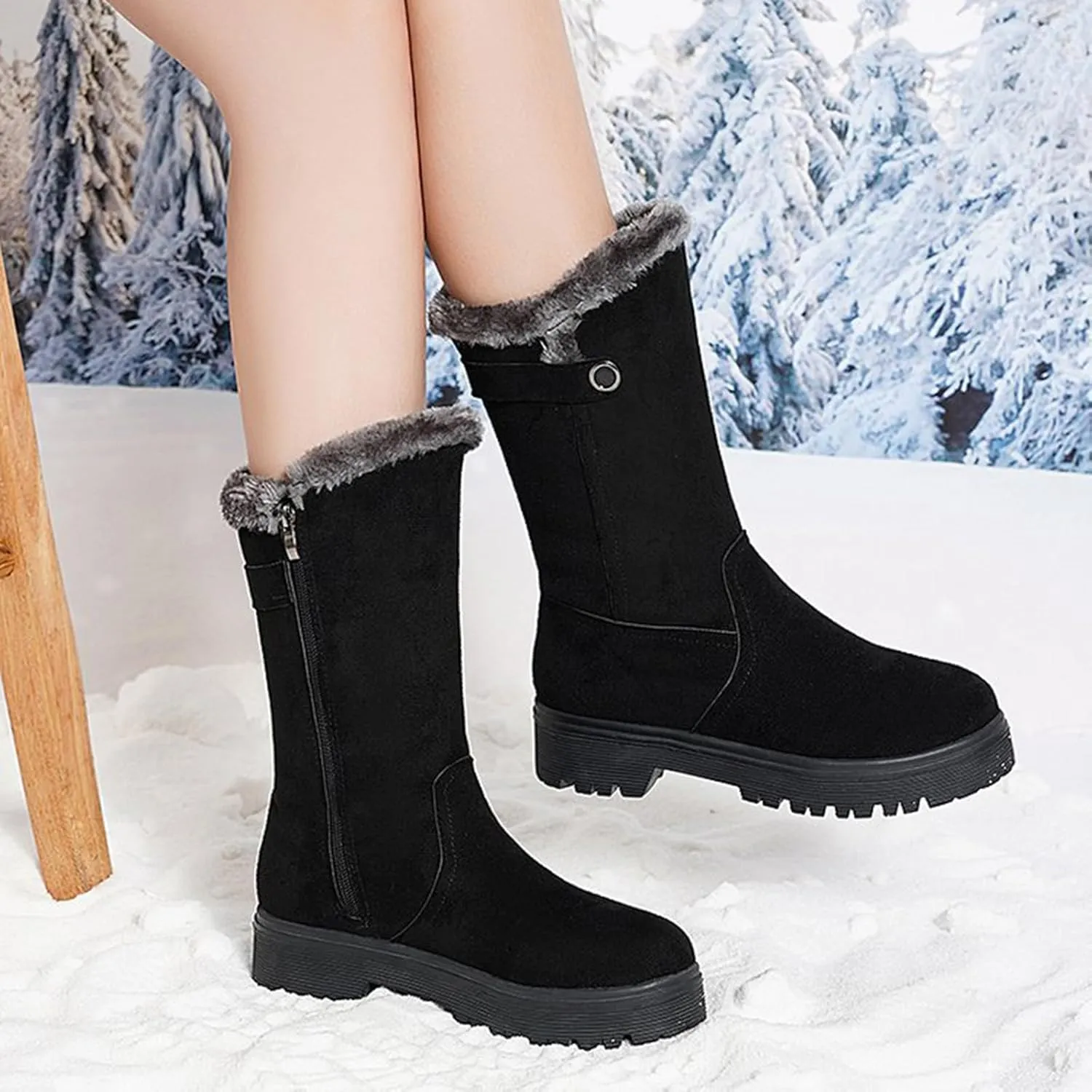 Womens Snow Boots Mid Calf Winter Boots Waterproof Fully Fur Lined Booties Slip on Outdoor Ankle Boots Lace Up Ladies Lightweight Walking Hiking Boots
