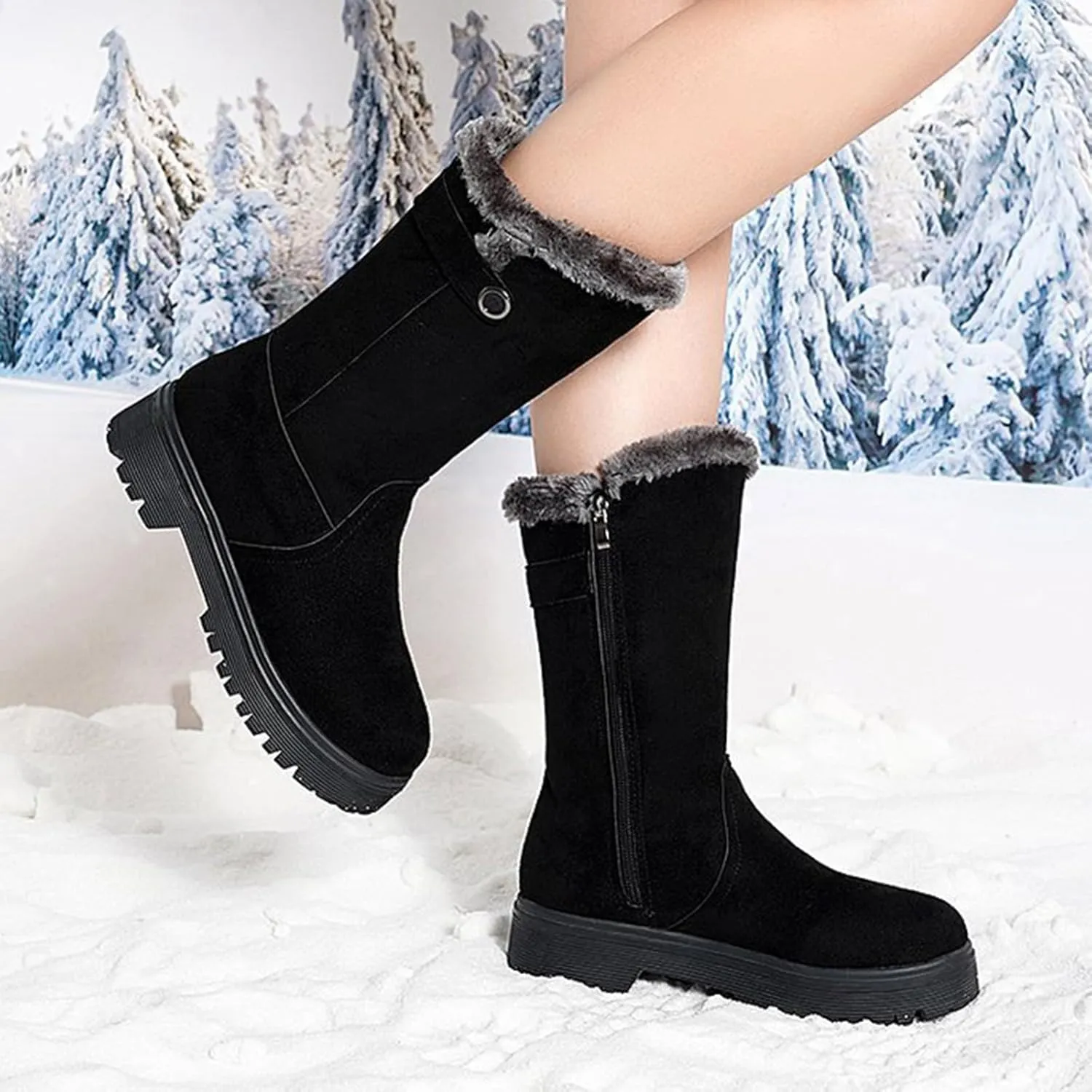Womens Snow Boots Mid Calf Winter Boots Waterproof Fully Fur Lined Booties Slip on Outdoor Ankle Boots Lace Up Ladies Lightweight Walking Hiking Boots