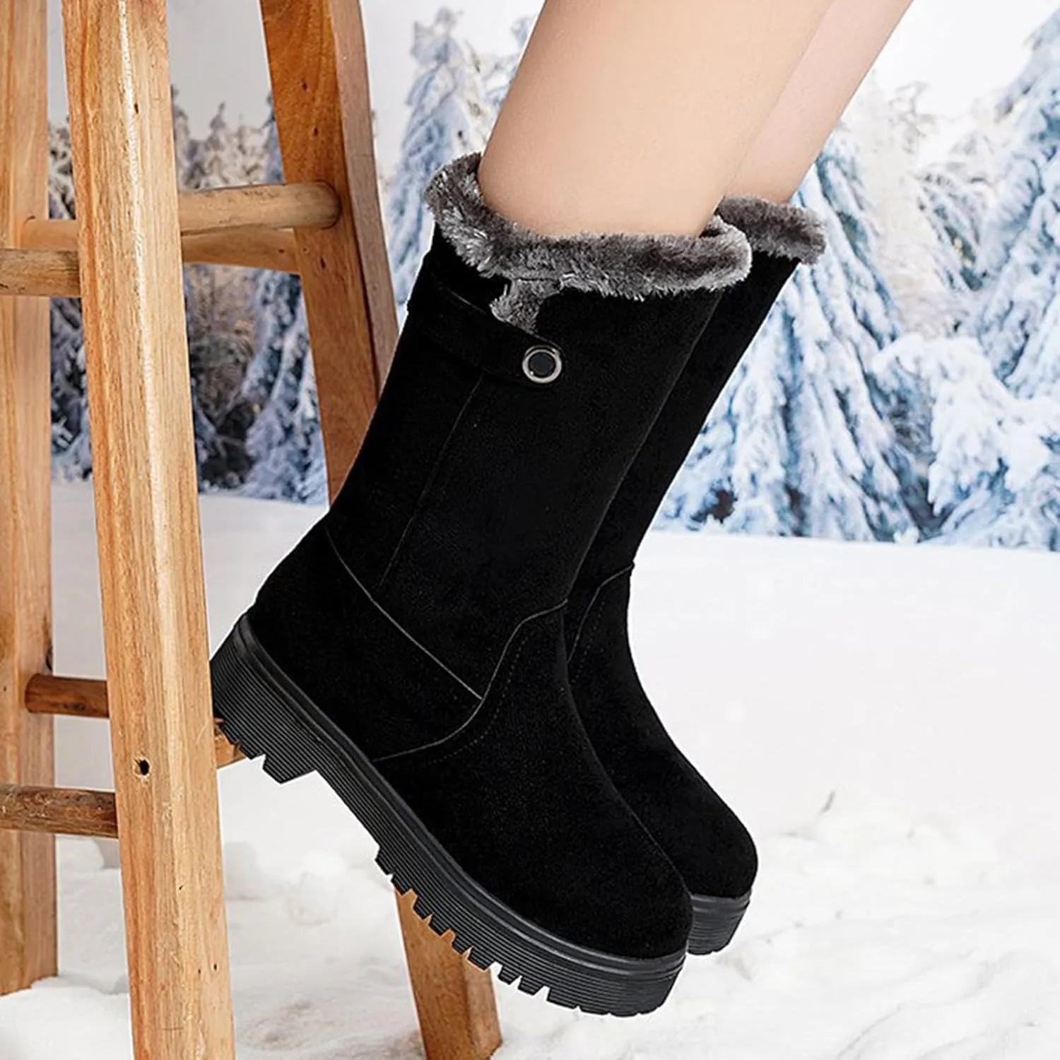 Womens Snow Boots Mid Calf Winter Boots Waterproof Fully Fur Lined Booties Slip on Outdoor Ankle Boots Lace Up Ladies Lightweight Walking Hiking Boots