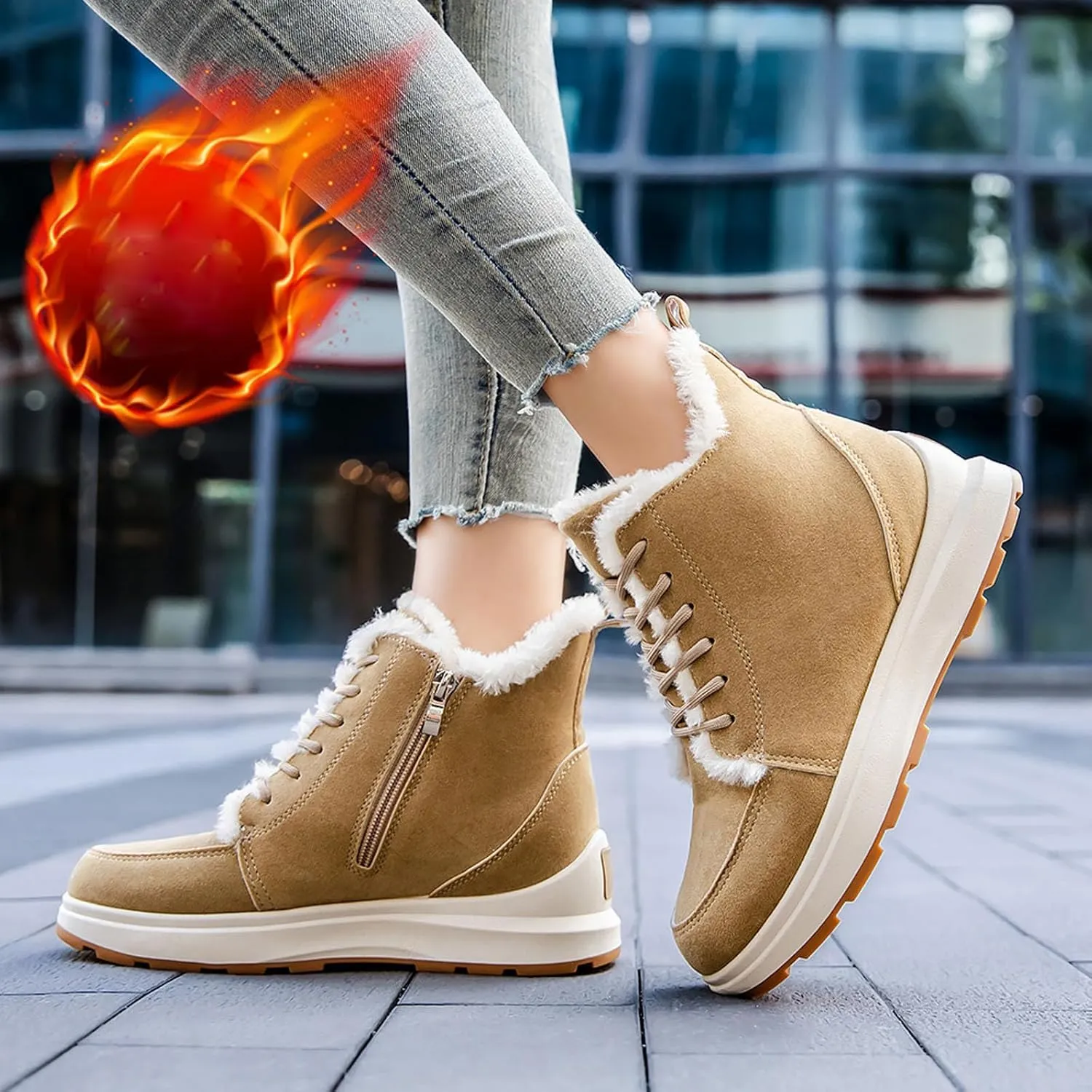 Womens Snow Boots Waterproof Anti-slip Winter Boots Classic Fuzzy Fur Booties Lightweight Slip on Ankle Boots Ladies Walking Hiking Booties