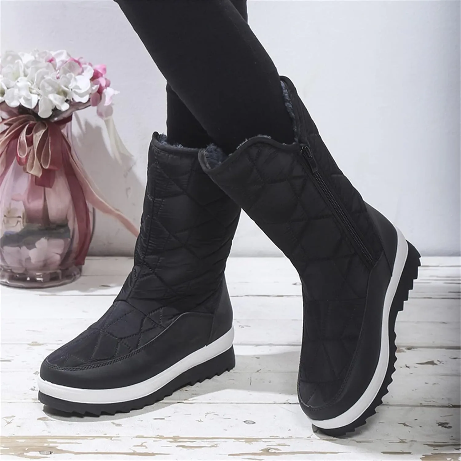 Womens Snow Boots Waterproof Winter Boots Non-slip Fully Fur Booties Lightweight Slip on Ankle Boots Ladies Walking Hiking Booties