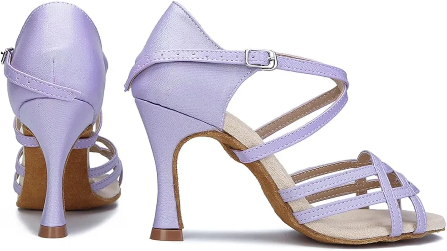 Women's Soft Sole Latin Dance Shoes - Tango Salsa Purple Party Sandals, 10CM/3.9Inch Heel Height