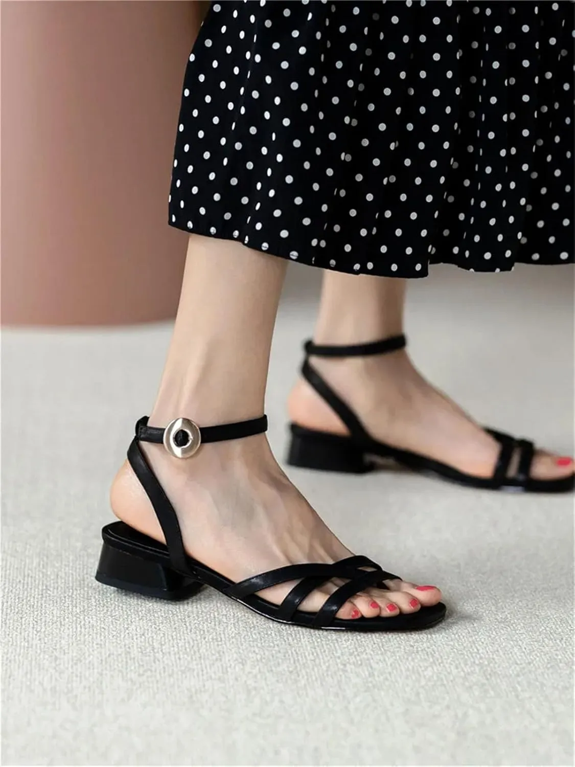 Women's Vintage Buttoned Sandals - Thick Heels Summer, Wedding Office Lady Fashion
