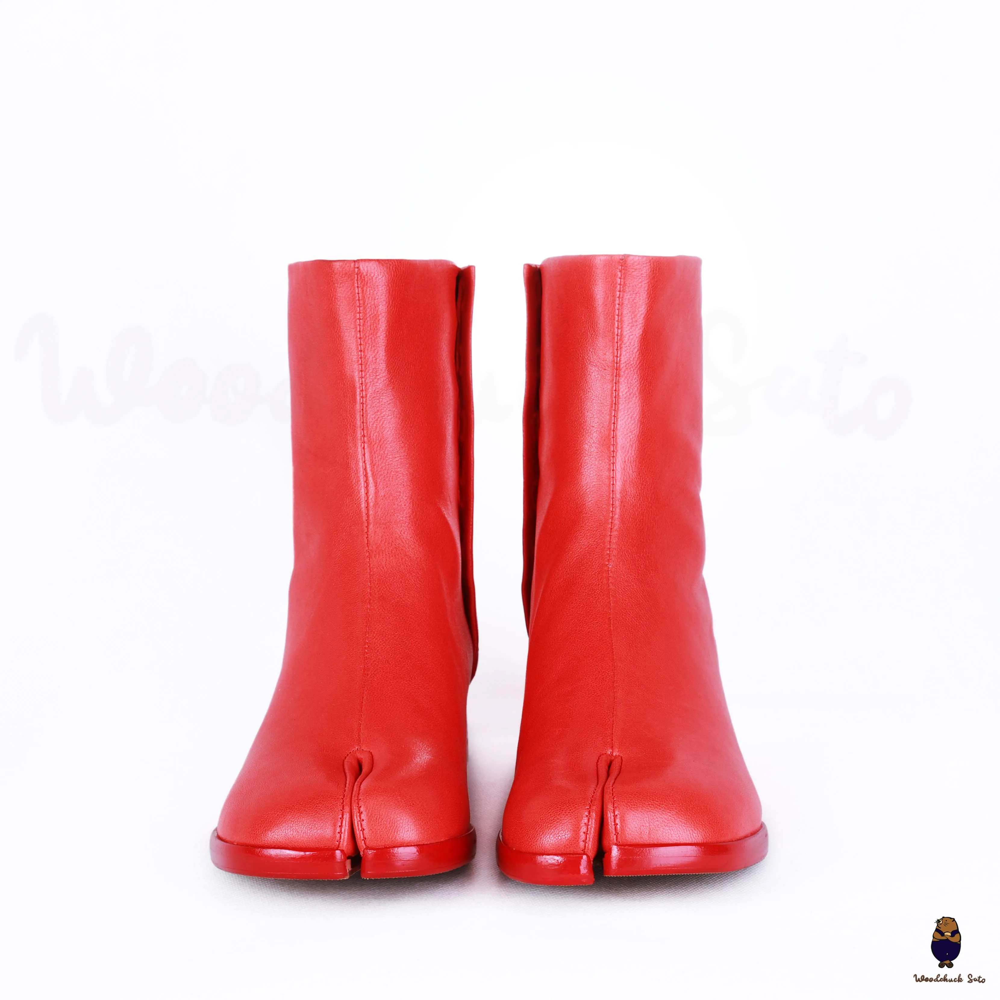WoodChuckSato Women's Men's Bright Red Tabi Split-Toe Cow Leather Boots with 3cm Heel Height Sizes EU 35-48