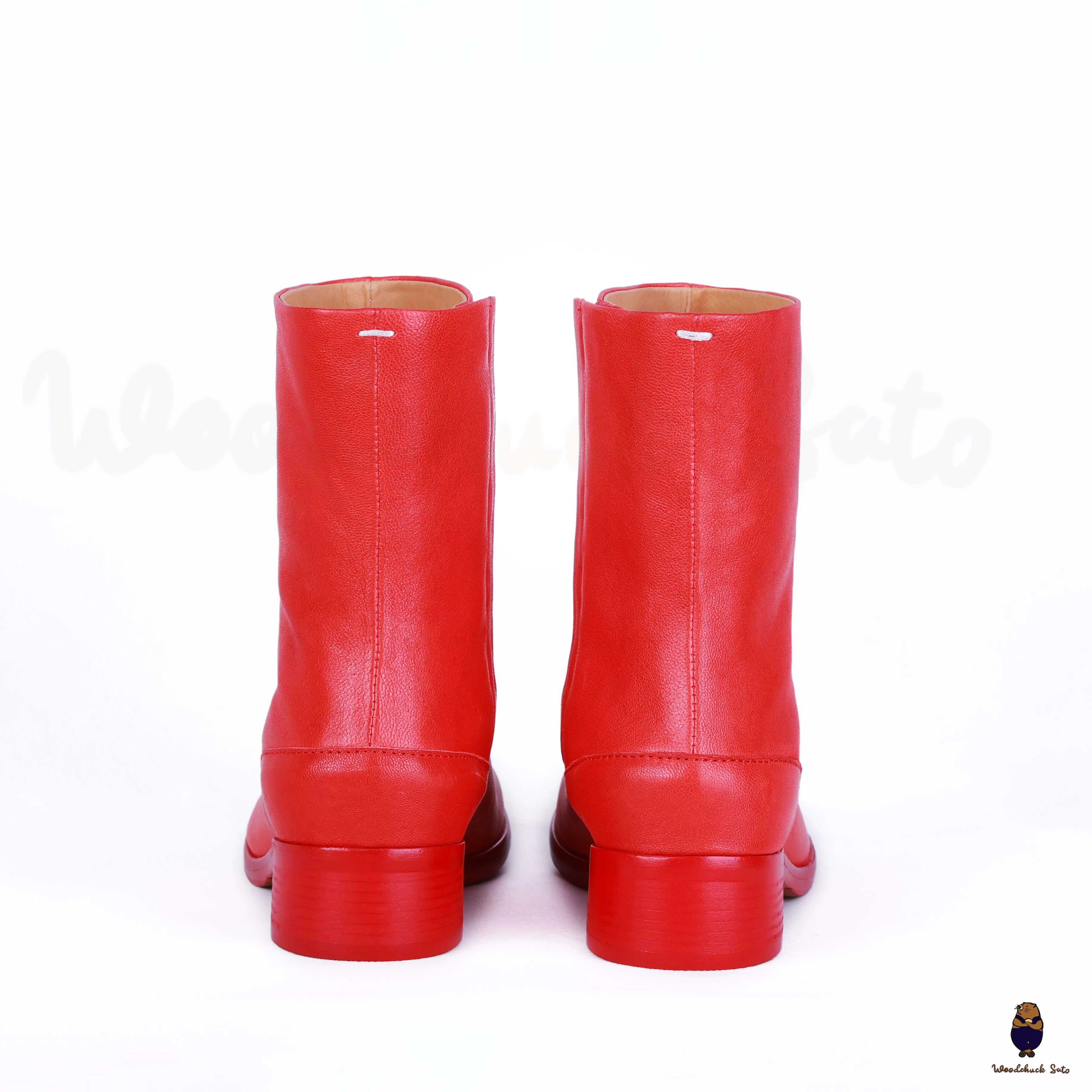 WoodChuckSato Women's Men's Bright Red Tabi Split-Toe Cow Leather Boots with 3cm Heel Height Sizes EU 35-48
