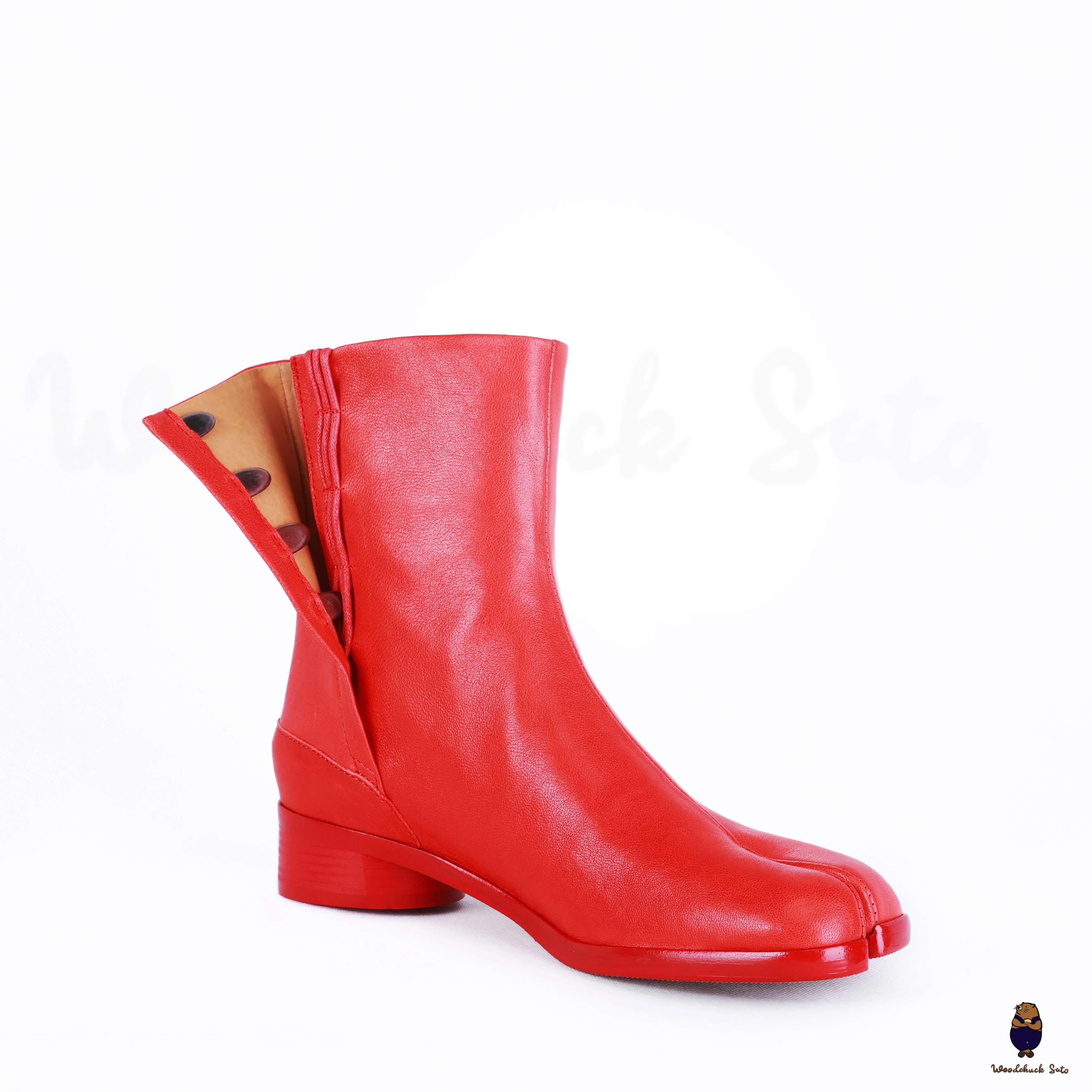 WoodChuckSato Women's Men's Bright Red Tabi Split-Toe Cow Leather Boots with 3cm Heel Height Sizes EU 35-48