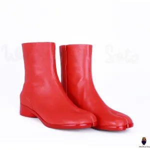 WoodChuckSato Women's Men's Bright Red Tabi Split-Toe Cow Leather Boots with 3cm Heel Height Sizes EU 35-48