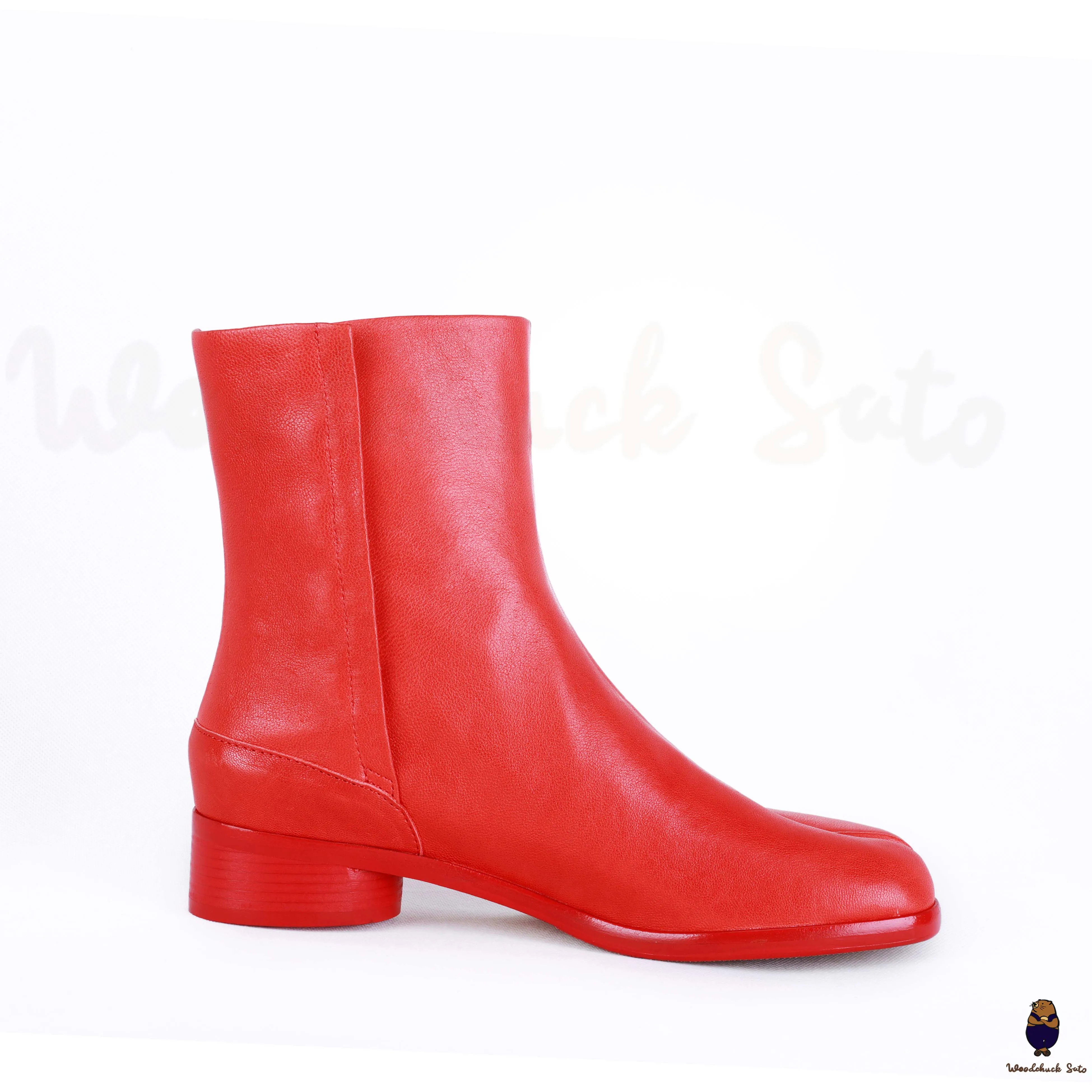 WoodChuckSato Women's Men's Bright Red Tabi Split-Toe Cow Leather Boots with 3cm Heel Height Sizes EU 35-48