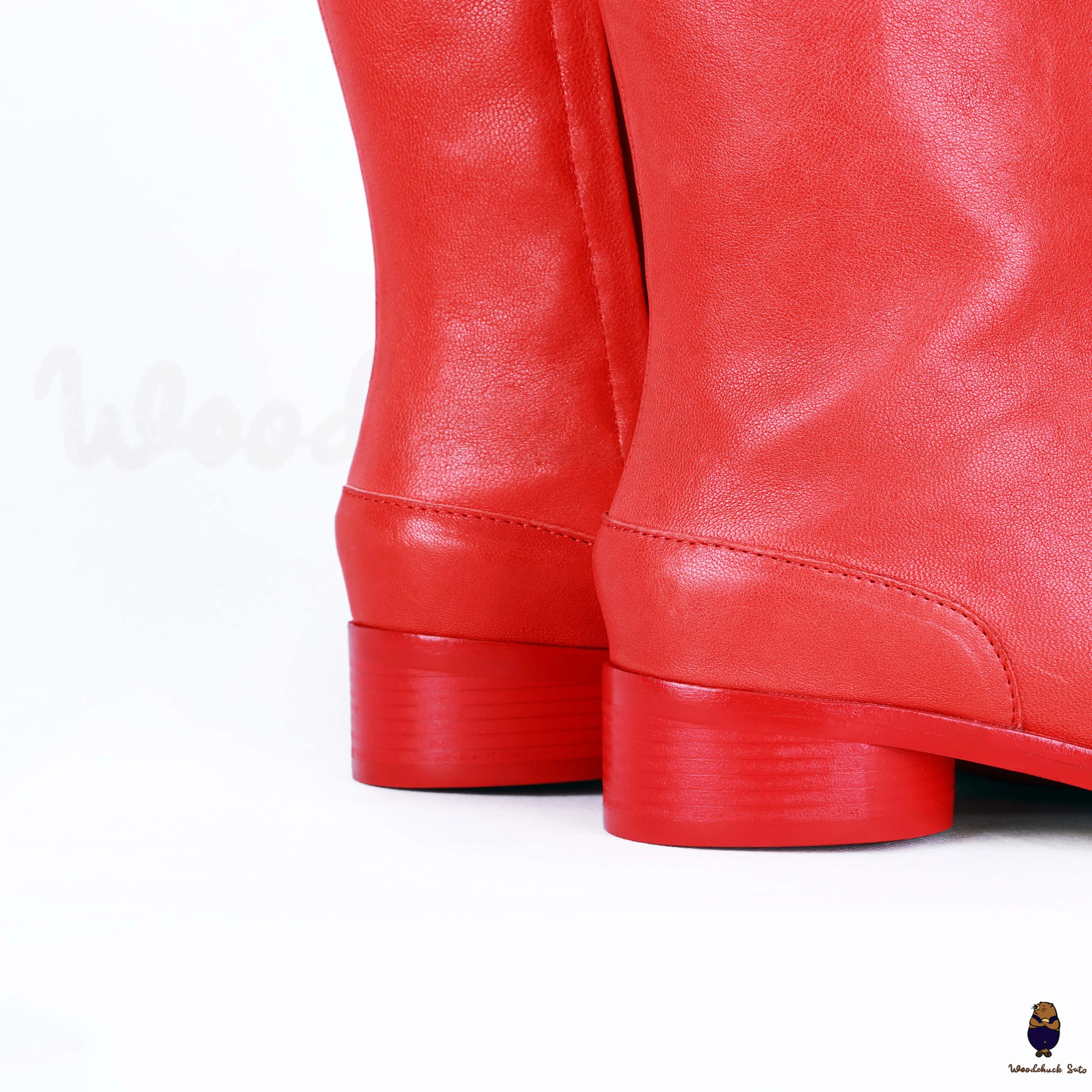 WoodChuckSato Women's Men's Bright Red Tabi Split-Toe Cow Leather Boots with 3cm Heel Height Sizes EU 35-48