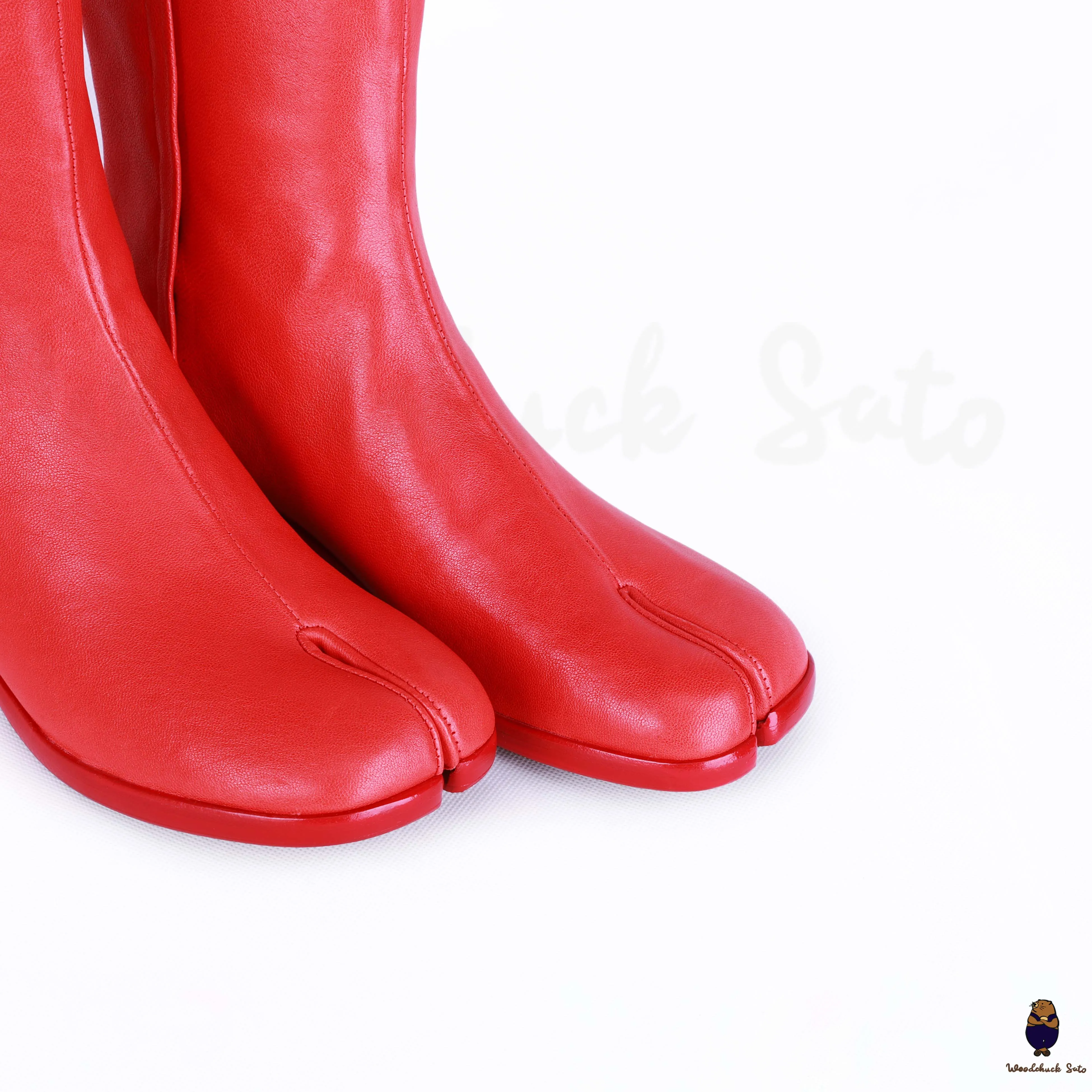 WoodChuckSato Women's Men's Bright Red Tabi Split-Toe Cow Leather Boots with 3cm Heel Height Sizes EU 35-48