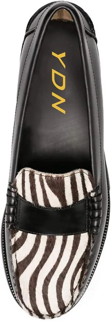 YDN Women Casual Slip On Loafers Flats Round Closed Toe Suede Animal-Print Patchwork Leather Hidden Low Heel Slide Dress Pump Ladies Girls Comfort Walking Driver Shoes