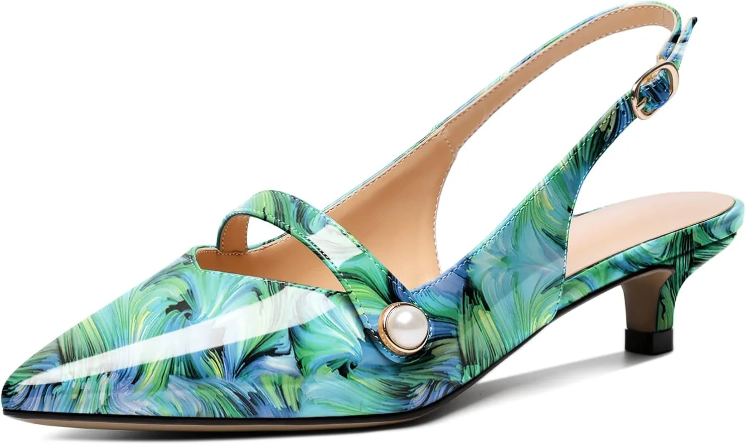 Zamikoo Kitten Heels for Women with Pearl Strap, Low Heel Slingback Sandals, Pointed Toe Dress Pumps Shoes for Work Office Casual 1.5 Inches
