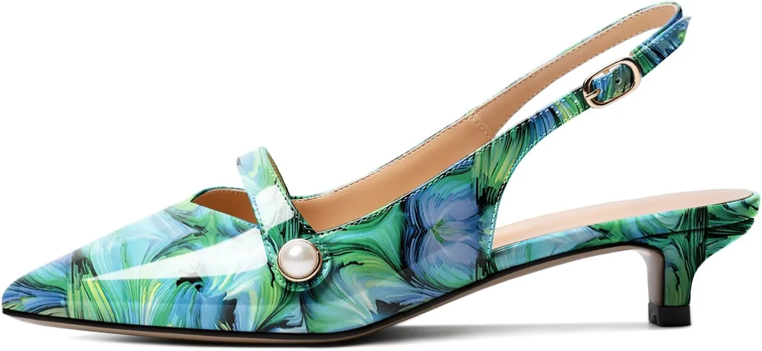 Zamikoo Kitten Heels for Women with Pearl Strap, Low Heel Slingback Sandals, Pointed Toe Dress Pumps Shoes for Work Office Casual 1.5 Inches