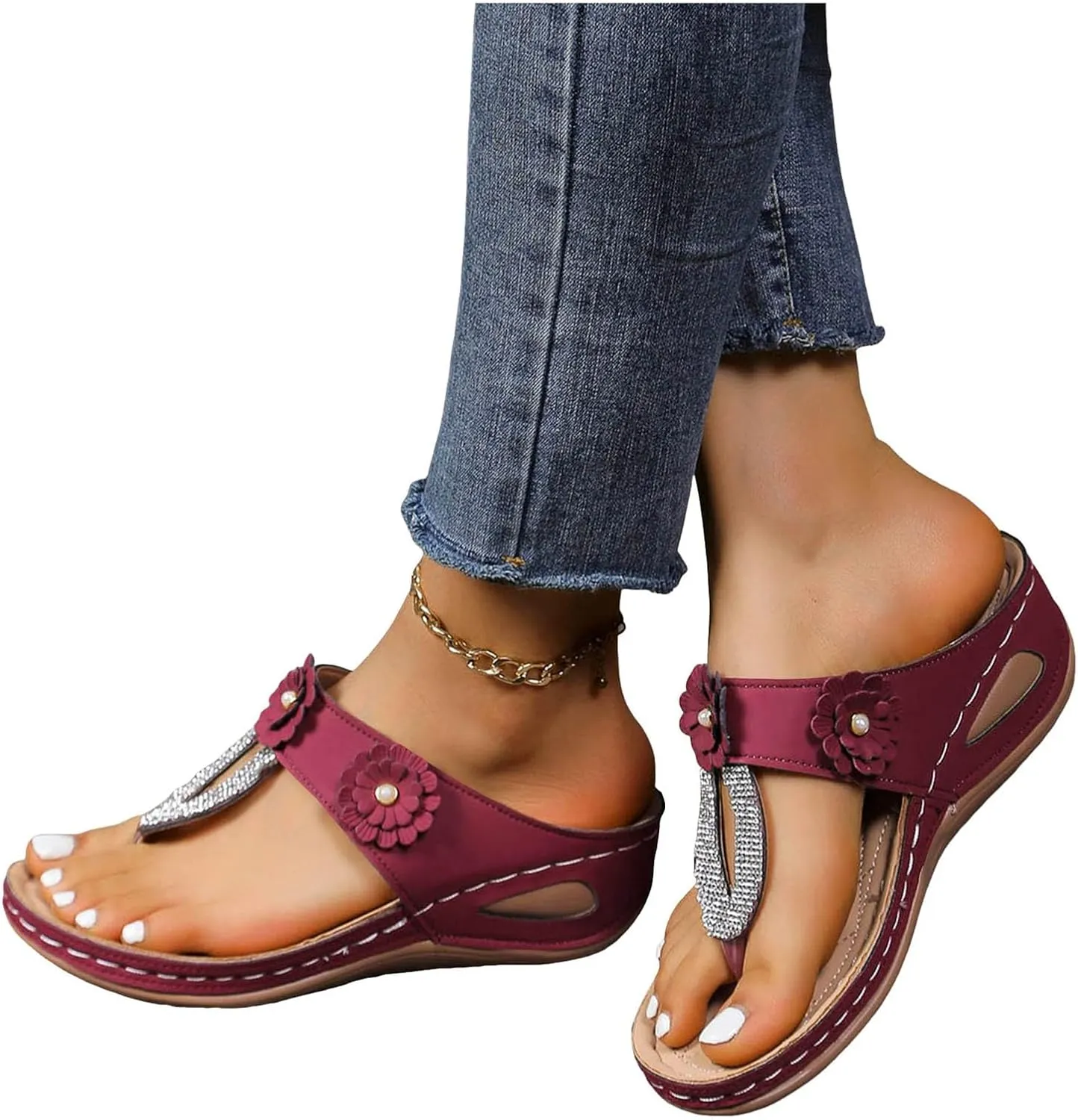 ZSpzx Women's Orthotic Cushion Flip Flops Recovery Walking Sandals for Women Dressy Summer Comfortable Arch Support Wedge Slide Rhinestone Flowers Slip on Memory Foam Plantar Fasciitis Bunion Shoes