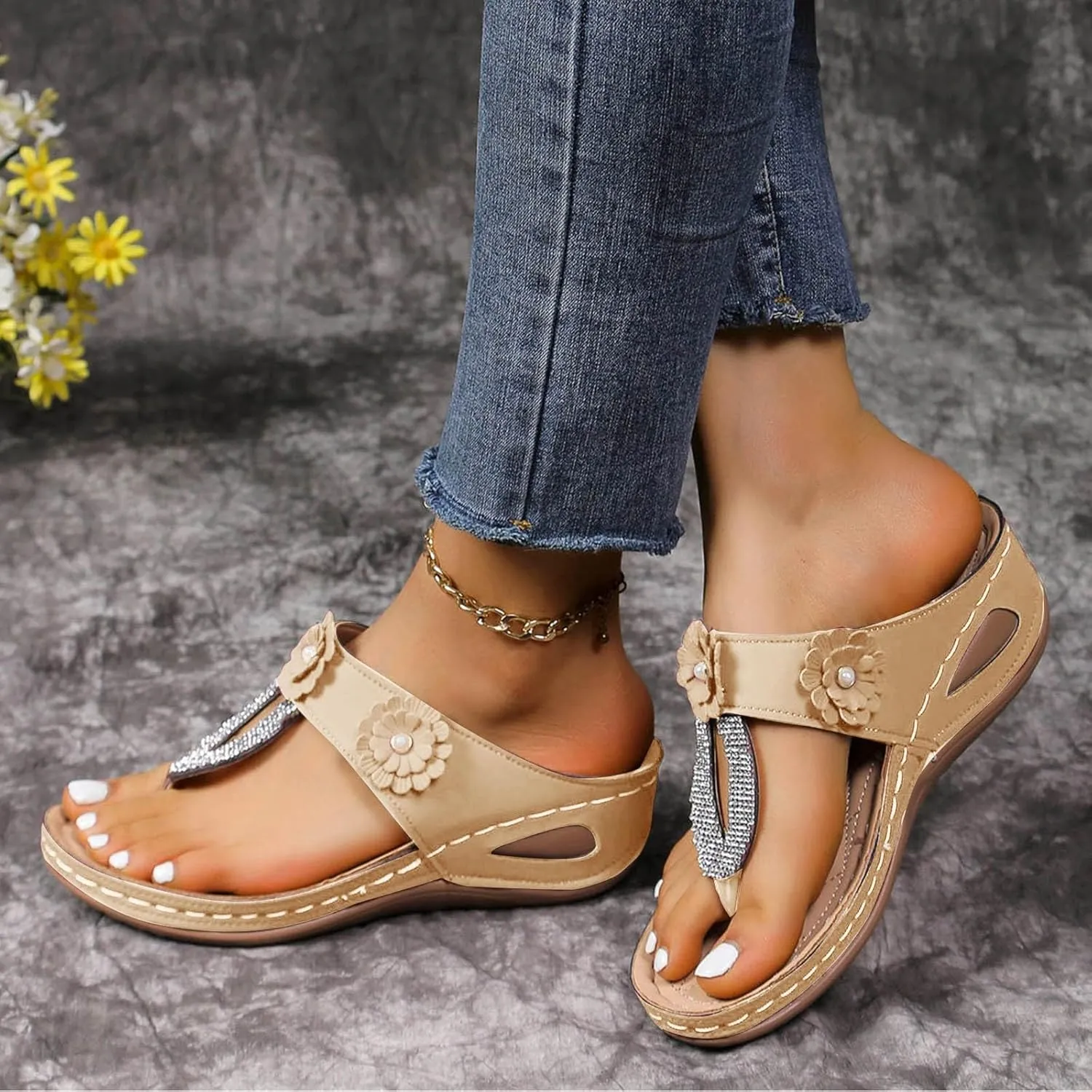 ZSpzx Women's Orthotic Cushion Flip Flops Recovery Walking Sandals for Women Dressy Summer Comfortable Arch Support Wedge Slide Rhinestone Flowers Slip on Memory Foam Plantar Fasciitis Bunion Shoes