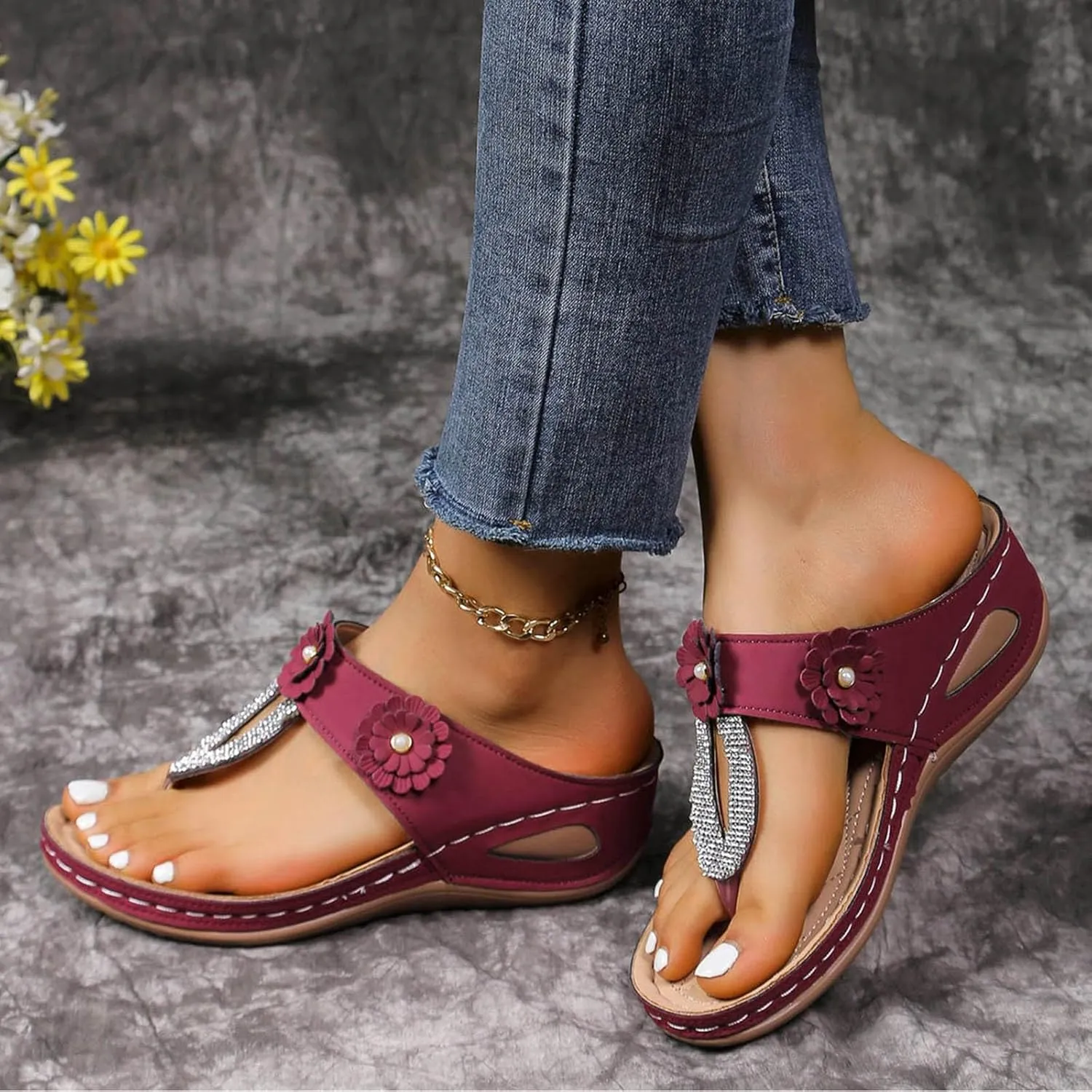 ZSpzx Women's Orthotic Cushion Flip Flops Recovery Walking Sandals for Women Dressy Summer Comfortable Arch Support Wedge Slide Rhinestone Flowers Slip on Memory Foam Plantar Fasciitis Bunion Shoes
