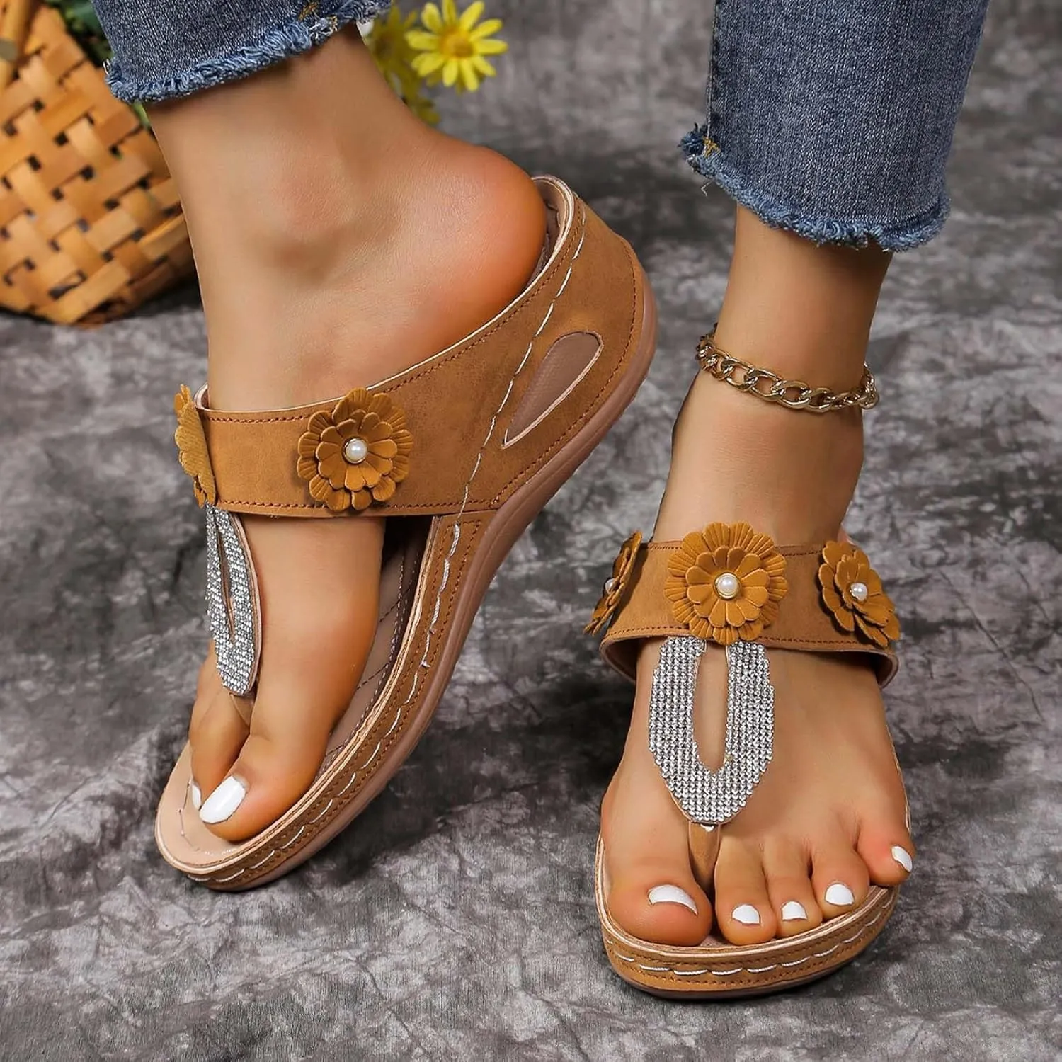 ZSpzx Women's Orthotic Cushion Flip Flops Recovery Walking Sandals for Women Dressy Summer Comfortable Arch Support Wedge Slide Rhinestone Flowers Slip on Memory Foam Plantar Fasciitis Bunion Shoes