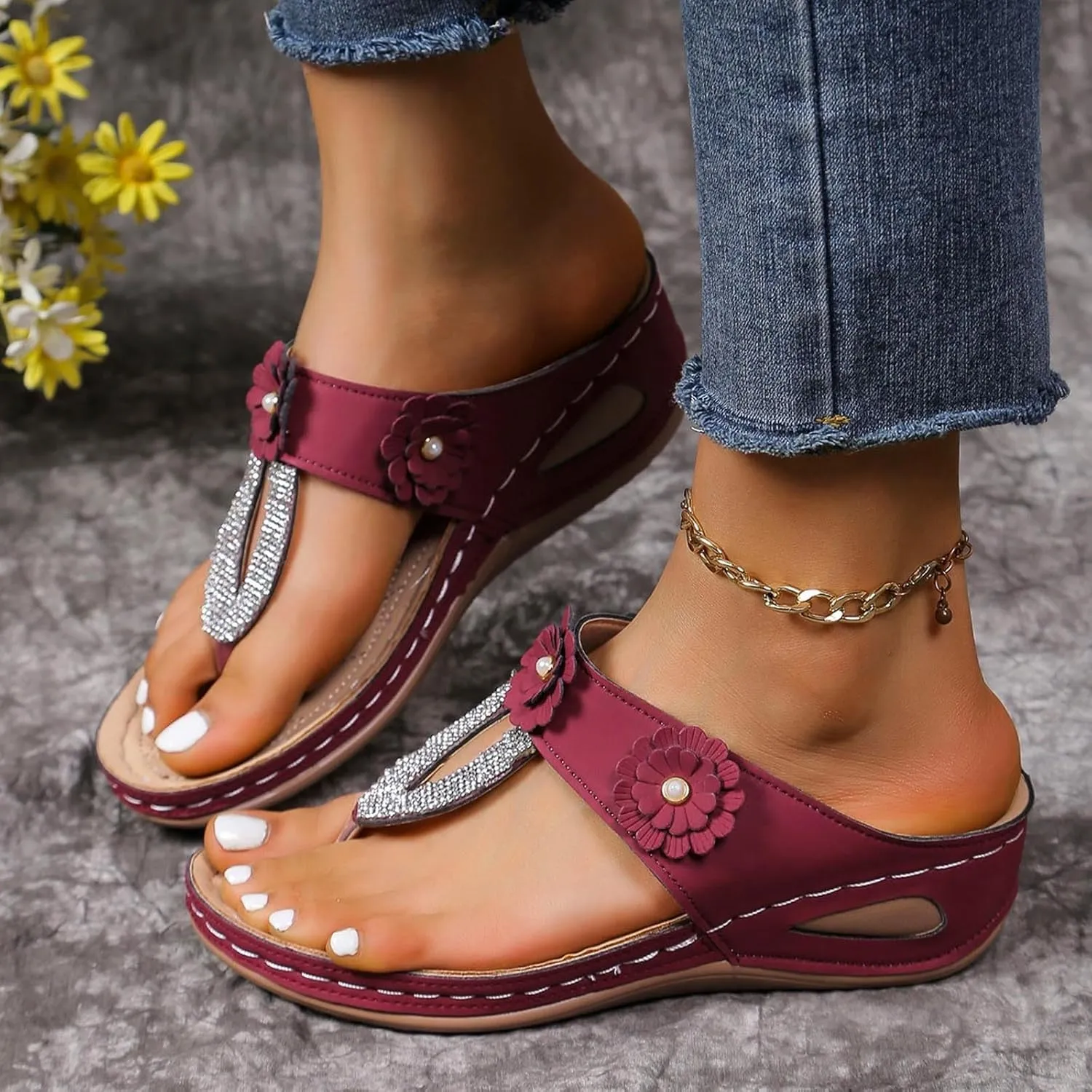 ZSpzx Women's Orthotic Cushion Flip Flops Recovery Walking Sandals for Women Dressy Summer Comfortable Arch Support Wedge Slide Rhinestone Flowers Slip on Memory Foam Plantar Fasciitis Bunion Shoes