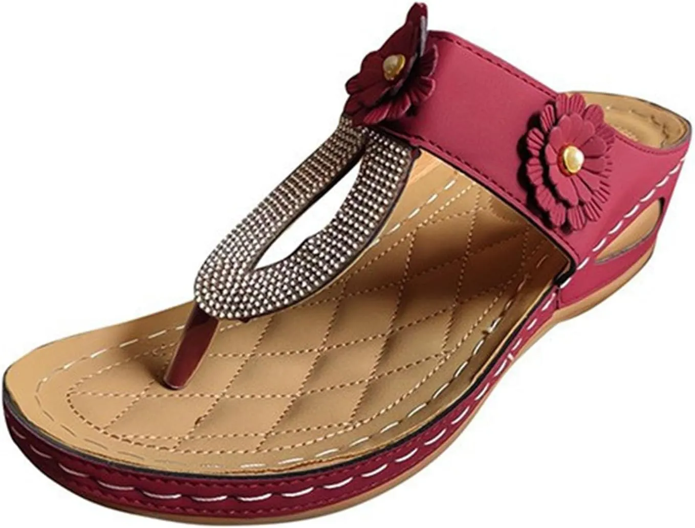 ZSpzx Women's Orthotic Cushion Flip Flops Recovery Walking Sandals for Women Dressy Summer Comfortable Arch Support Wedge Slide Rhinestone Flowers Slip on Memory Foam Plantar Fasciitis Bunion Shoes