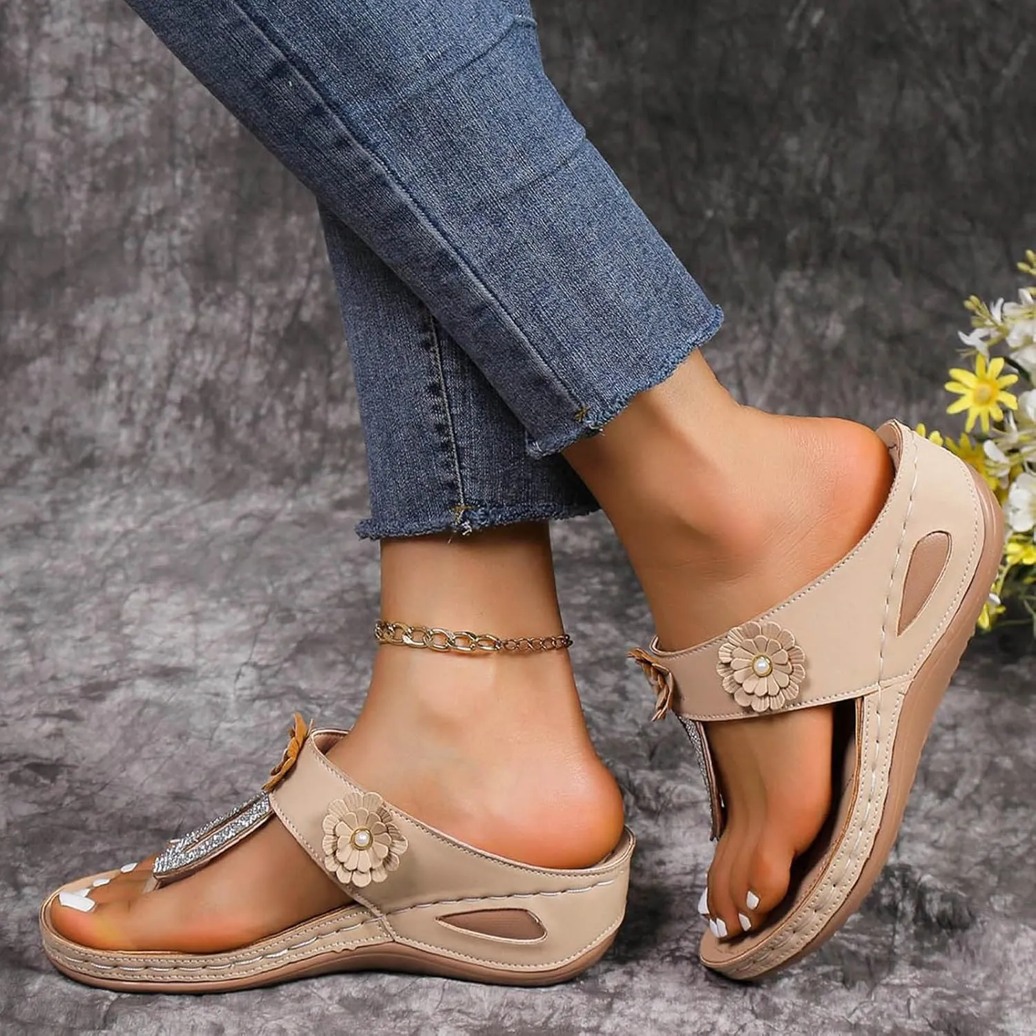 ZSpzx Women's Orthotic Cushion Flip Flops Recovery Walking Sandals for Women Dressy Summer Comfortable Arch Support Wedge Slide Rhinestone Flowers Slip on Memory Foam Plantar Fasciitis Bunion Shoes