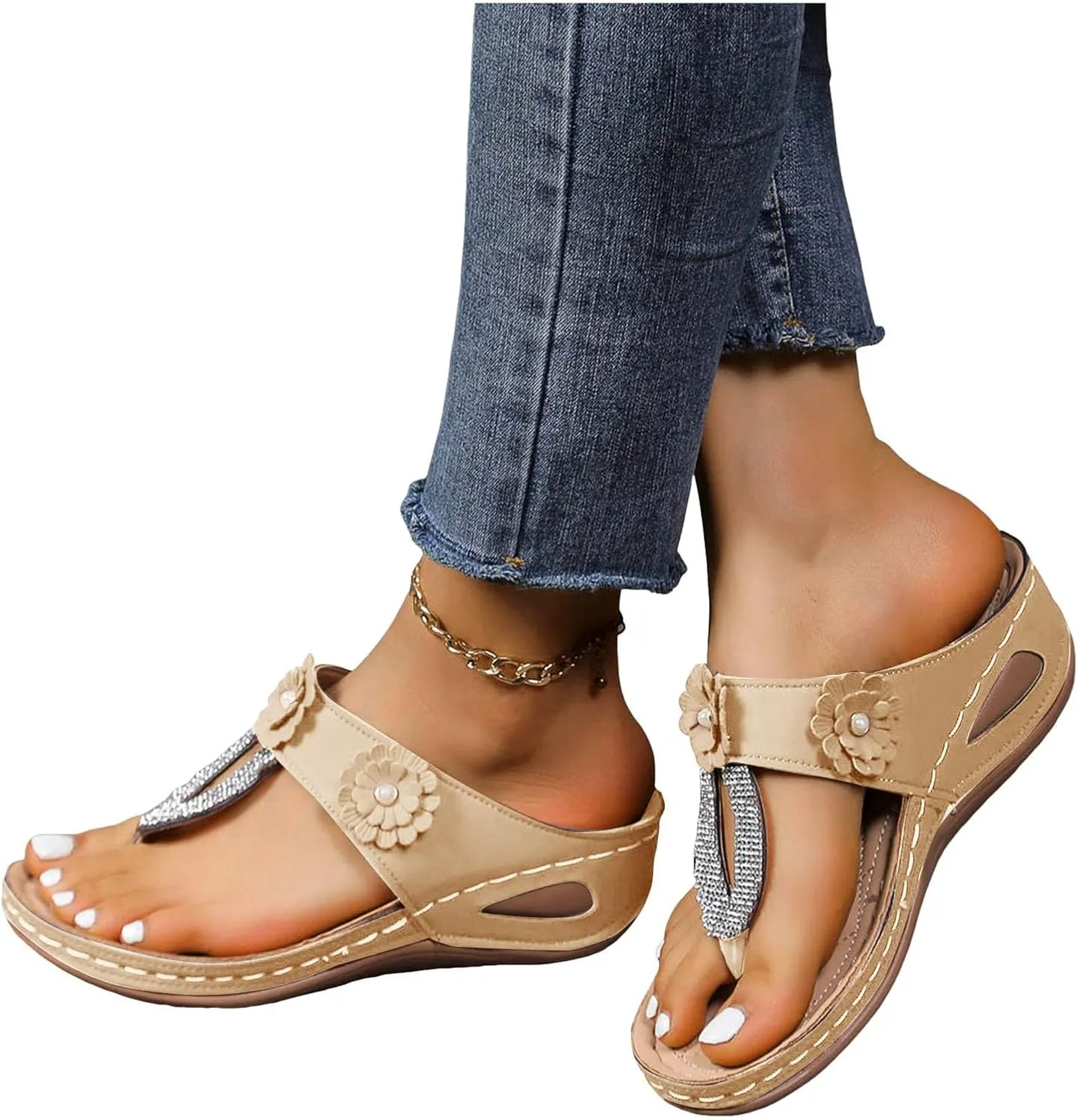 ZSpzx Women's Orthotic Cushion Flip Flops Recovery Walking Sandals for Women Dressy Summer Comfortable Arch Support Wedge Slide Rhinestone Flowers Slip on Memory Foam Plantar Fasciitis Bunion Shoes