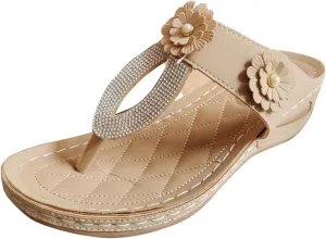 ZSpzx Women's Orthotic Cushion Flip Flops Recovery Walking Sandals for Women Dressy Summer Comfortable Arch Support Wedge Slide Rhinestone Flowers Slip on Memory Foam Plantar Fasciitis Bunion Shoes